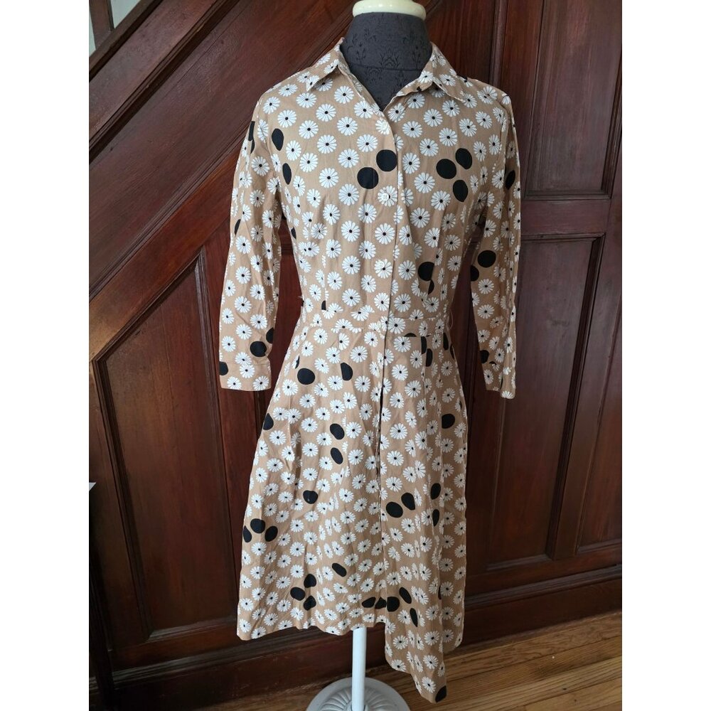 Talbots Petite Beige Daisy Polka Dot Button-Up Midi Dress Size 6P